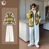 Xituodai  Japanese Retro Mens Set Autumn College Couple Suit Diamond Lattice Loose Knit Cardigan+White Fleece Casual Pants 2-piece