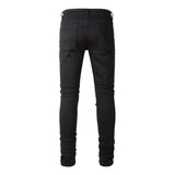 Xituodai Men Leather Patch Biker Jeans for Motorcycle Streetwear Holes Ripped Patchwork Stretch Denim Pants Black Skinny Tapered Trousers