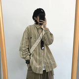 Xituodai College Retro Men  Two-piece Japanese Casual Set Loose Striped Shirt+large Pocket Drawstring Wide Leg Pants New Unisex Suit