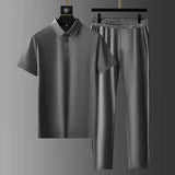 Xituodai Black Summer New Men's Sets , Dark gray Thin Quick-drying Suit Casual Polo Shirt Elastic Loose Trousers, Fashion 2 Piece Set