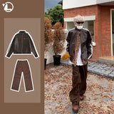 Xituodai American Retro Set Men Striped Patchwork Motorcycle Leather Jacket+High Street Multi Pocket Overalls Suit Y2k Male Two-piece Set