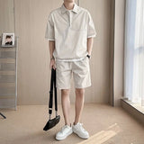 Xituodai Men's Summer Polo Shirt Two Piece Set Buttons Pullover Casual Cargo Sports Summer Tracksuit Fashion Short-sleeved +Shorts Suit