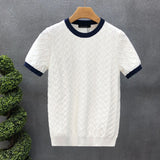 Xituodai Fashion Jacquard Knitted T-shirts For Men Summer short sleeved O-neck Contrast Color Patchwork Thin Tee Tops Casual Knitwear