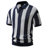 Xituodai 100% Cotton Hollow Out Knitted Striped Polo Shirts Mens High Quality Short Sleeve Lapel Tops Summer Casual  Polos Tshirt For Men