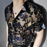 Xituodai Colorful Flowers Pattern Velvet Shirt Men Transparent Short Sleeve Sexy Shirt Social Club Outfits Party Men Designer Shirt