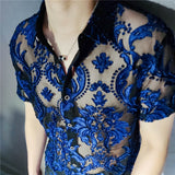 Xituodai Transparent Blue Floral Shirt Masculine Soft Velvet Slim-fit Men's Clothing Nightclub Short-sleeved Sexy Shirt See Through