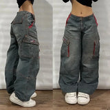 Xituodai Street Vintage New Fashion Multi-pocket Heavy Washing Baggy Jeans Women Y2K Harajuku Gothic College Popular Casual Wide Leg Pant