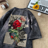 Xituodai Gothic Washed Tshirts Rose Printed Streetwear Men T-shirt O-neck Oversized Korean Short Sleeve Tops Harajuku Casual Male Tee