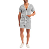 Xituodai  Sexy See Through Hollow Out Mesh Knit Two Piece Suits Men Summer Fashion Short Sleeve Shirts And Shorts Sets Mens Outfits Beach