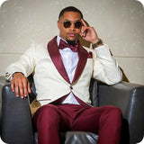 Xituodai   Ivory Pattern and Burgundy Groom Tuxedos Shawl Lapel Men Suits 2 Pieces Wedding Bridegroom ( Jacket+Pants+Tie )