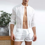 Xituodai Mens Fashion Set Summer New Hollow Out Sexy Lace Shorts Pattern Print Shirt Two Piece Suits Trendy Elegant Beach Clothes Outfits