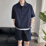 Xituodai Men's Summer Polo Shirt Two Piece Set Buttons Pullover Casual Cargo Sports Summer Tracksuit Fashion Short-sleeved +Shorts Suit