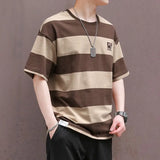 Xituodai Summer New Men's Pullovers Crew Neck Contrast Color Casual Fashion Loose All-match Young Style Short Sleeve Striped T-shirt Tops Xituodai