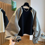 Xituodai Men  Wintern outfits Spring Autumn Elegant Sweatshirt Niche Casual Patchwork Contrasting Color Raglan Shirt Men Women's Drawstring Waist Cinched Top Xituodai Men  Wintern outfits