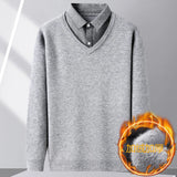 Xituodai Fleece-lined Thickened, Men's Business Casual Shirt Collar Pullover, Knit Sweater with Woven Shirt Collar and Knit Body