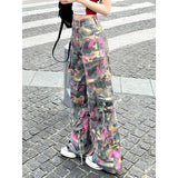 Xituodai American New Retro Pink Camouflage Multi-pocket Tooling Jeans Female Y2K Gothic Harajuku Hip Hop High Waist Slim Wide Leg Pants