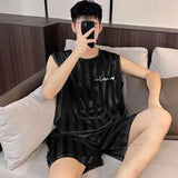 Xituodai Pajamas Sets Summer Thin Men's Ice Silk Comfortable Pajama Loungewear Loose Casual Home Clothing Short Sleeve Shorts 2 Piece Set