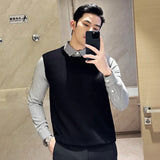 Xituodai Knit Sweater with Woven Shirt Collar and Knit Body, Thermal Extra Thick with Fleece Striped Shirt Collar Men's Sweater Business