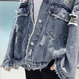 Xituodai Men  Wintern outfits Fashion Blue Ripped Denim Jacket Y2K Distressed Streetwear Hip Hop Broken Hole Jeans Biker Jackets Men's Spring Jackets Xituodai Men  Wintern outfits