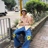 Xituodai Autumn Y2K Vintage Daisy Print Denim Pants Men's Aesthetic Flower Wide Leg Jeans 2024 New Hip Hop Fashion Blue Baggy Jean