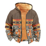 Xituodai Large Size Men's Short Zipper Hooded Winter Warm Fleece Jacket,Design Brown Patchwork Fox Pattern Checkered Pattern Print Coat Xituodai