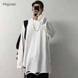 Xituodai Long Sleeve T-shirts Men Solid Loose Distressed Hole Spring Autumn High Street Broken O-neck American Style Teenagers Youthful