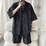 Xituodai Korean Style Men's Ice Silk Sets Short Sleeve Shirt+Shorts Printed Tops Matching Bottoms Summer Fashion Oversized Clothing