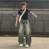 Xituodai Y2K American New Fashion Heavy Industry Blue Washed Baggy Jeans Men Street Retro Hip Hop Popular Casual High Waist Wide Leg Pant