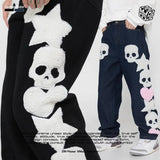 Xituodai  Dcepem Y2k Skull Jeans Mens Aesthetic Baggy Star Hip Hop Pants Straight Leg Denim Goth Y2k Couple Fashion Streetwear