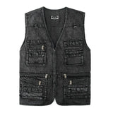 Xituodai Men's Denim Vest Jacket Dark Blue Black Sleeveless Truck Driver Cyclist   Multi-pocket Zipper