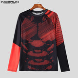 Xituodai 2024  Irregular Lines Colorblock Tops Men Casual Long Sleeve T-shirts Well Fitting Long Sleeved Tees Round Neck Sexy Tops