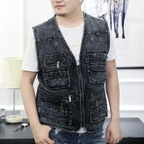 Xituodai Men's Denim Vest Jacket Dark Blue Black Sleeveless Truck Driver Cyclist   Multi-pocket Zipper