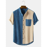 Xituodai Patchwork Youth Lapel Short-sleeved Shirt Corduroy Standing Collar Striped Menswear for Men