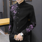 Xituodai Spring Business Casual Long-sleeved Polo Collar Men's Shirt Button Floral Printing Korean Fashion Slimming Fashion Commute Tops