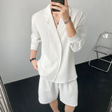 Xituodai Summer Black/White Sets Men Fashion Long-sleeved Shirt Shorts Two-piece Men Korean Casual Loose Plaid Sets Mens Suit M-2XL