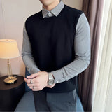 Xituodai Knit Sweater with Woven Shirt Collar and Knit Body, Thermal Extra Thick with Fleece Striped Shirt Collar Men's Sweater Business