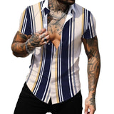 Xituodai Men's Digital Printing Stripes Hawaii Lapel Thin Short Sleeve Shirt