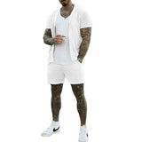 Xituodai  Sexy See Through Hollow Out Mesh Knit Two Piece Suits Men Summer Fashion Short Sleeve Shirts And Shorts Sets Mens Outfits Beach