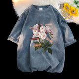 Xituodai Vintage Flowers Graphic Print T-shirt Gothic Men Tshirts Washed Short Sleeved Man Tops Round Neck General Tee