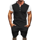 Xituodai Fashion Patchwork Waffle Mens Outfits Short Sleeve Buttoned V Neck Tops Two Piece Suits Summer Casual T Shirts And Shorts Sets