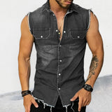 Xituodai Streetwear Mens Fashion Denim Vest Shirts Turn-down Collar Button-up Sleeveless Denim Tank Tops For Men Spring Summer Jean Vest