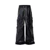 Xituodai RO Style Glossy Black Pu Leather Pants for Men High Street Y2k Pantalones Hombre Baggy Overall Wide Leg Drawstring Cargos