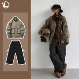 Xituodai Aviator Hunting Suit Men Street Trend Lapel Multi-pocket Jacket+Retro Khaki Wide Leg Pants 2-pcs Motorcycle Punk Mens Set