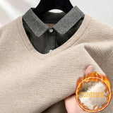 Xituodai Fleece-lined Thickened, Men's Business Casual Shirt Collar Pullover, Knit Sweater with Woven Shirt Collar and Knit Body