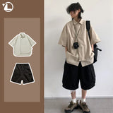 Xituodai Korean High Street Mens Sets Solid Retro Short Sleeved Shirt+Multiple Pockets Tooling Shorts Suit Summer Trend Two-piece Set