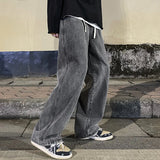 Xituodai Korean Fashion Men's Baggy Jeans Elastic Waist  Classic olid Color Straight-leg Denim Wide-leg Pants Male Light Blue Grey Black