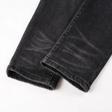 Xituodai Men Cracked Leather Patch Biker Jeans Streetwear Pleated Patchwork Holes Ripped Stretch Denim Pants Skinny Tapered Trousers