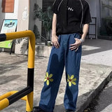 Xituodai Autumn Y2K Vintage Daisy Print Denim Pants Men's Aesthetic Flower Wide Leg Jeans 2024 New Hip Hop Fashion Blue Baggy Jean