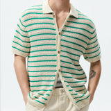 Xituodai Sweater Shirts Men Knitted Short Sleeve Turn-down Collar Button Knit Shirt Mens Summer Vintage Striped Knitting Cardigan Shirts