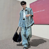 Xituodai Men's Denim Set Pleated Knot Decoration Short Sleeve Single Breasted Jacket Casual Wide Leg Denim Pants 2024 Summer New